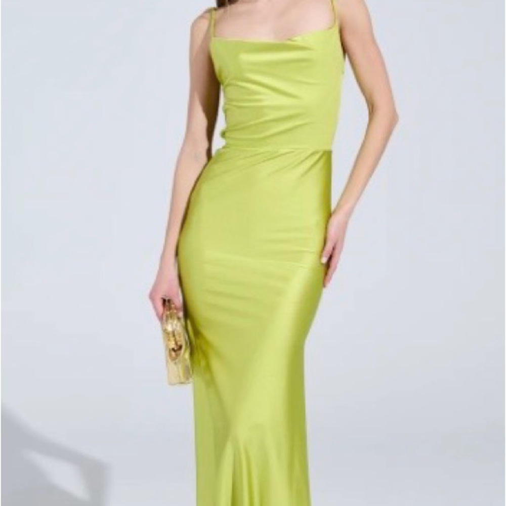 AKIRA Lime Green Satin Maxi Slip Dress with Spaghetti Straps